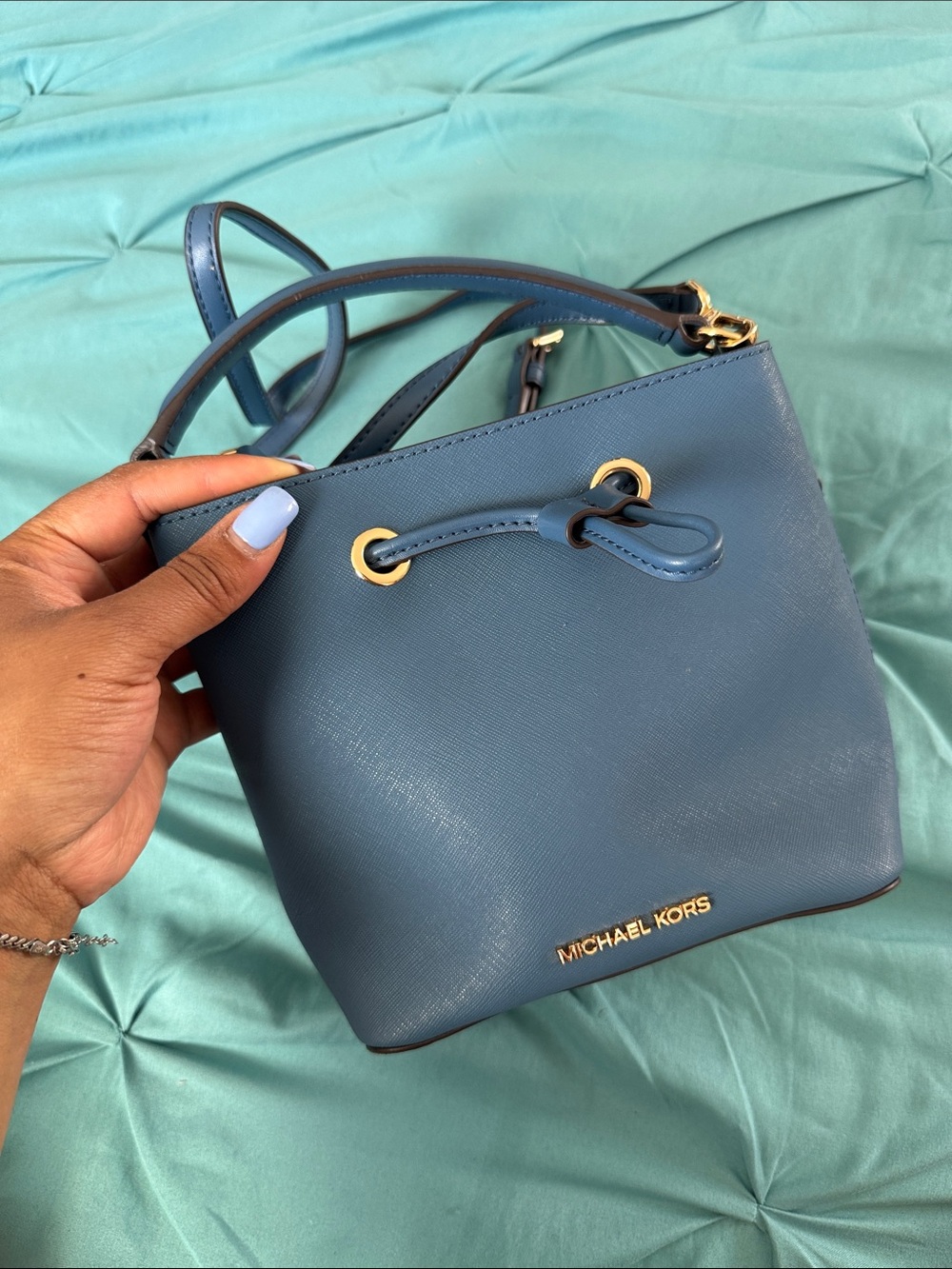 Michael Kors Slate Blue Mini Drawstring Bucket Bag